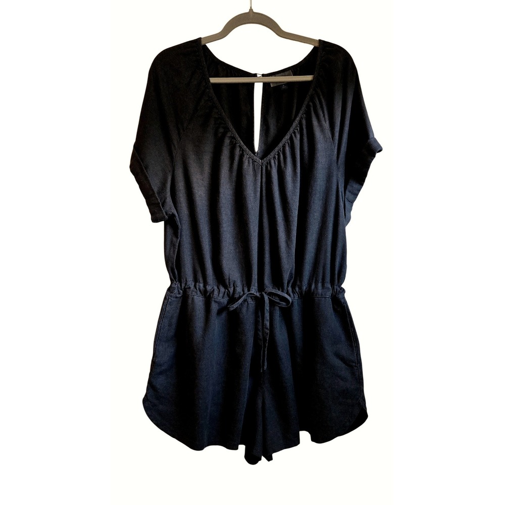 Universal Thread Romper, Women's‎ M Black Linen Blend Short Sleeve Drawstring